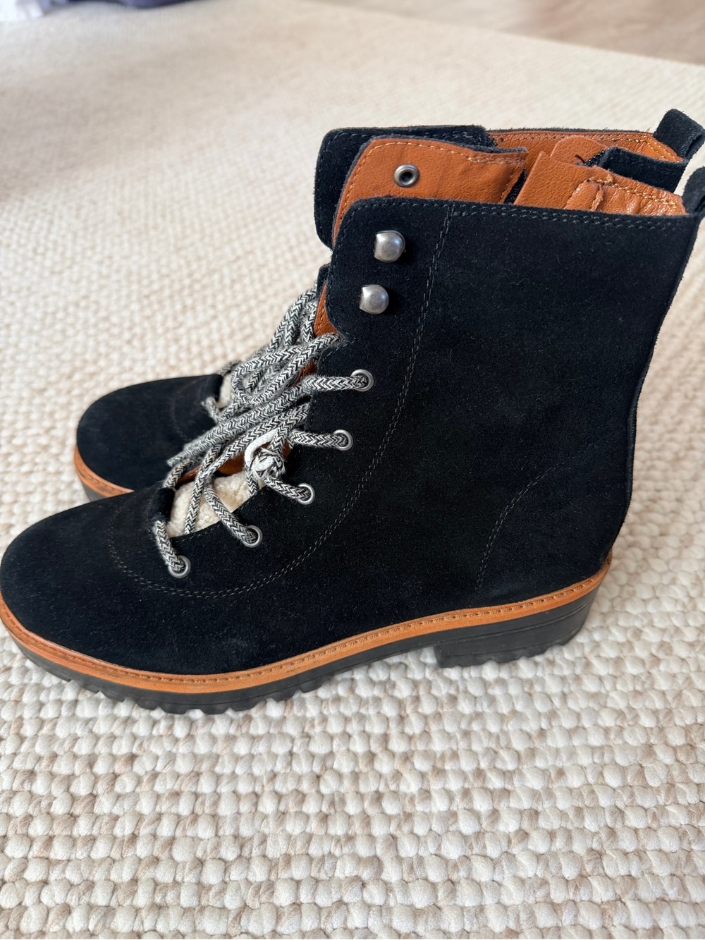 Marc Fisher Black Suede Shearling Fur Lace-Up Ankle Boots